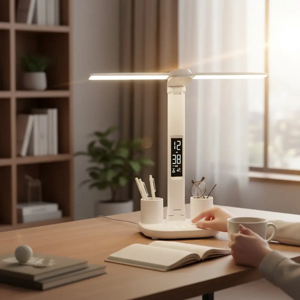 Candeeiro de Mesa LED com Relógio exibindo seu design de duas cabeças e formato dobrável, ideal para proporcionar iluminação suave e proteger os olhos durante leituras ou trabalhos prolongados.