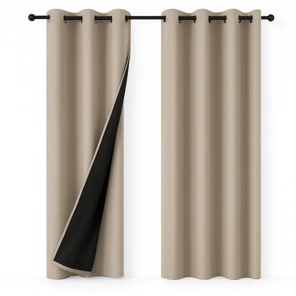 Detalhe do acabamento com ilhós da cortina blackout, ideal para varões modernos.