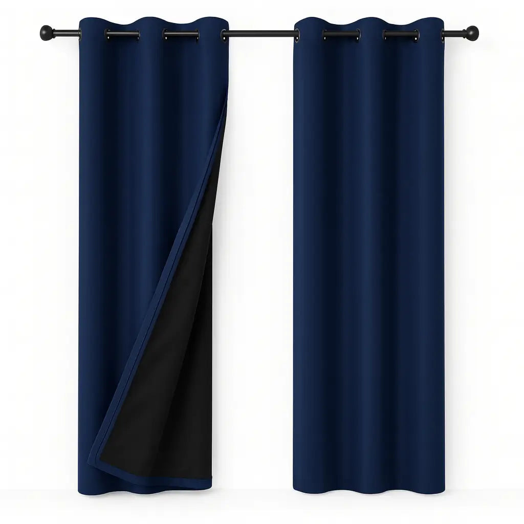 Cortina blackout com ilhós decorando a sala de estar com elegância e funcionalidade.