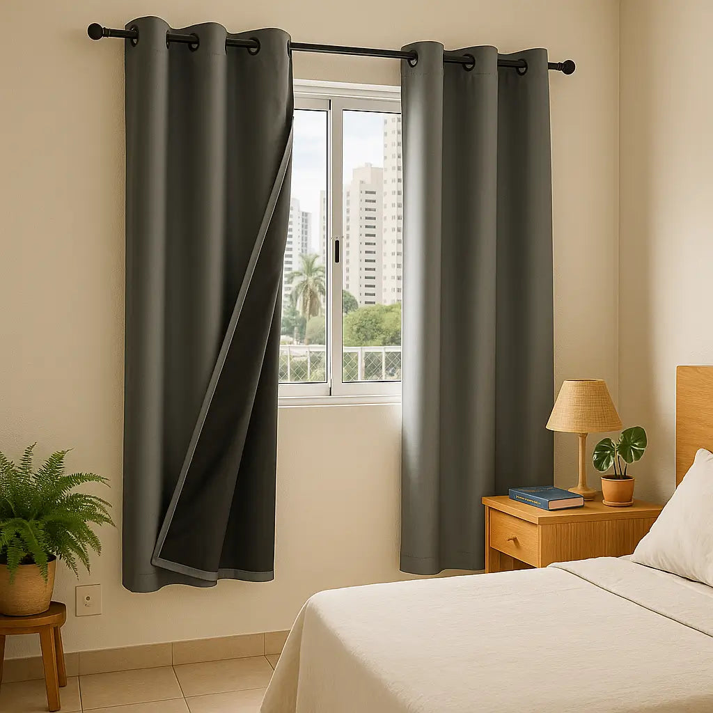Cortina blackout com ilhós, proporcionando privacidade e elegância.