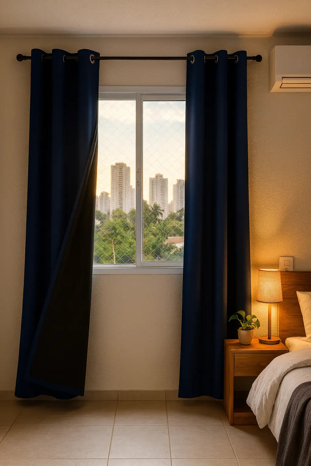 Cortina blackout com ilhós, proporcionando máxima elegância.