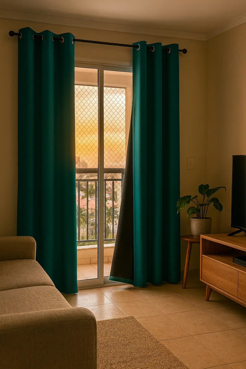 Cortina blackout com ilhós, proporcionando máxima privacidade.