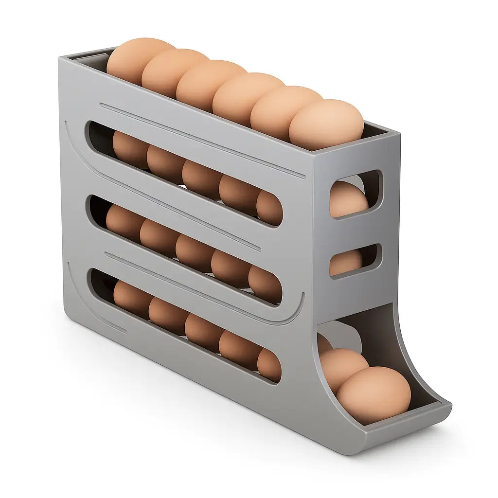 Dispensador Automático de Ovos disponível nas cores Amarelo, Branco e Cinza, para combinar com seu estilo de cozinha.