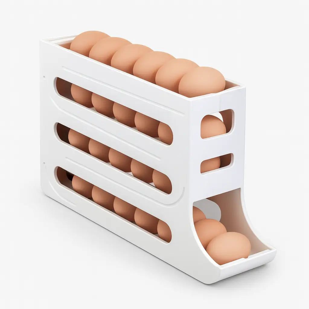 Estrutura estável e trilhos profundos do Dispensador Automático de Ovos, garantindo segurança e evitando quedas.