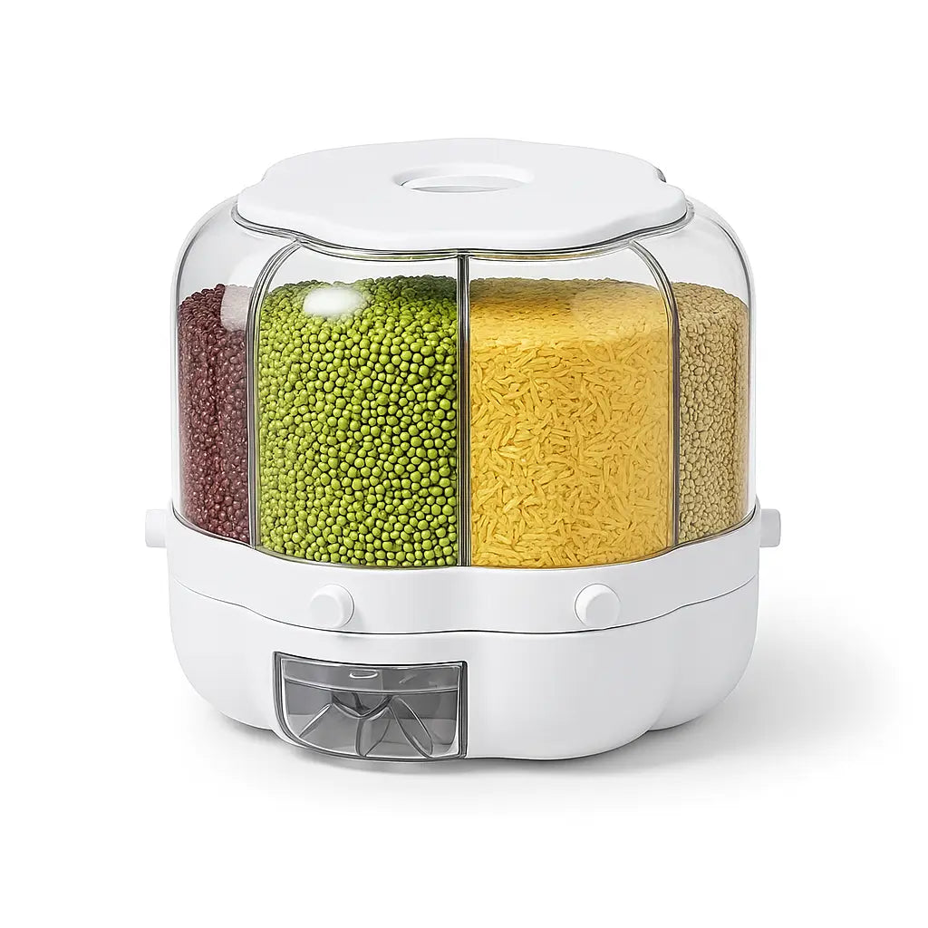 Design rotativo 360° do Dispensador de Cereais, permitindo fácil acesso aos grãos com um simples giro.