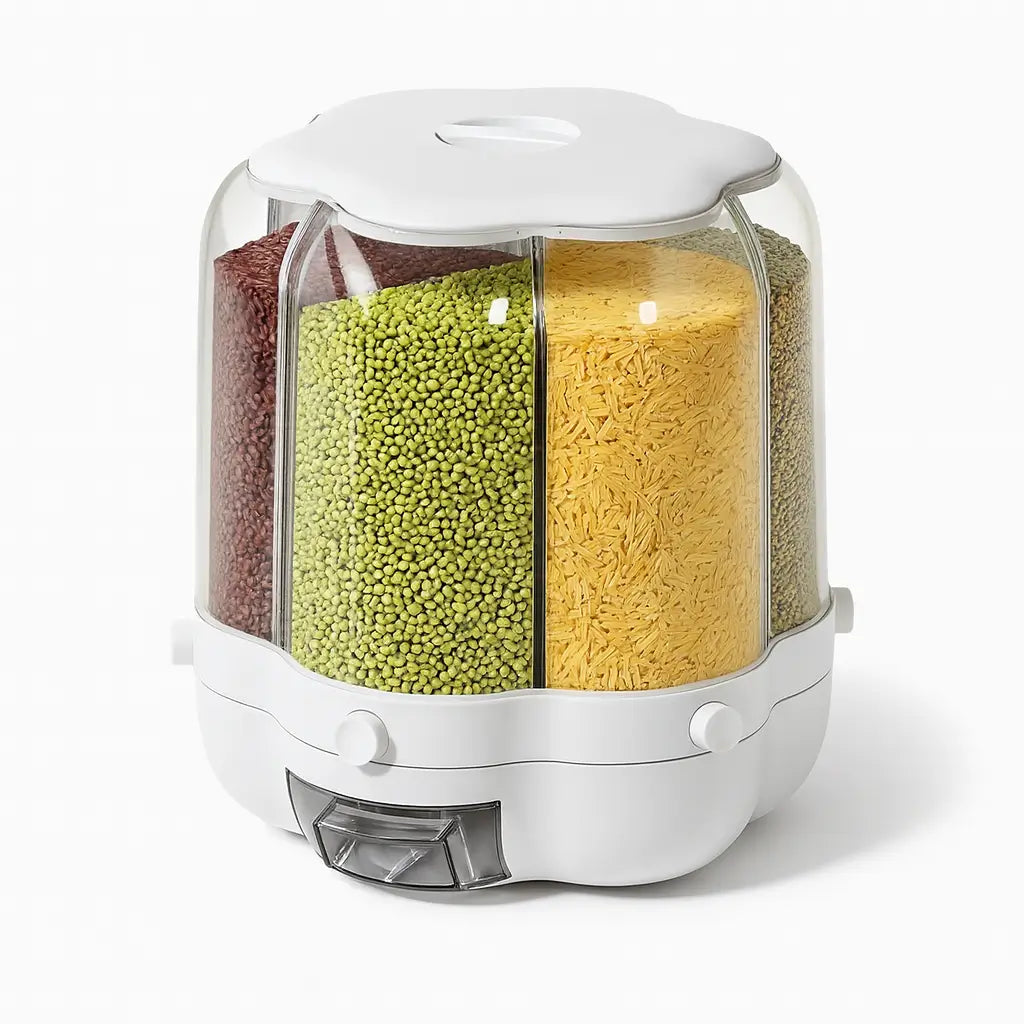 Tampa destacável do Dispensador de Cereais Rotativo Selado, facilitando o reabastecimento dos alimentos de maneira prática e eficiente.