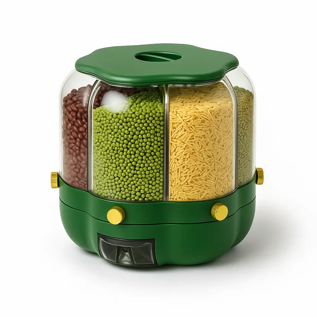 Sistema de distribuição por clique do Dispensador de Cereais, permitindo a retirada exata de grãos sem desperdício.