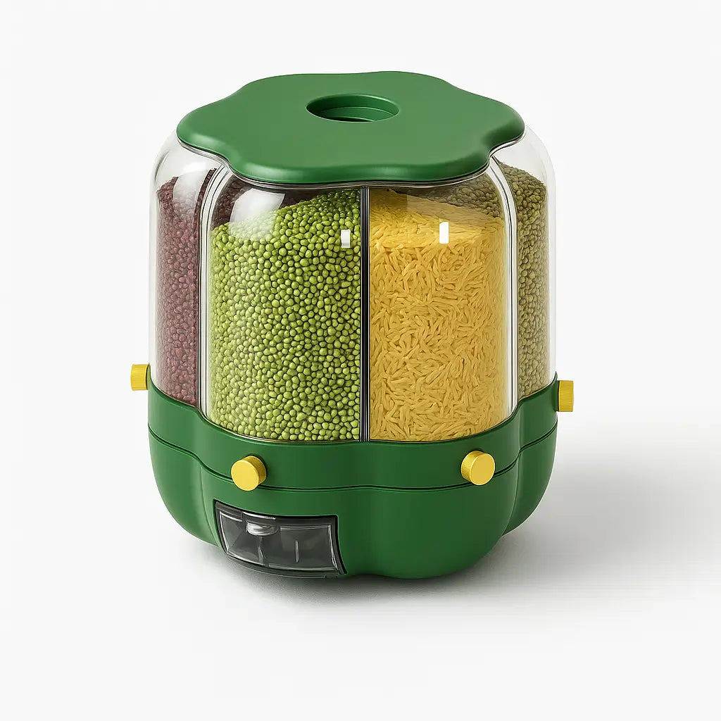Material transparente do Dispensador de Cereais Rotativo Selado, garantindo visualização clara do conteúdo armazenado.