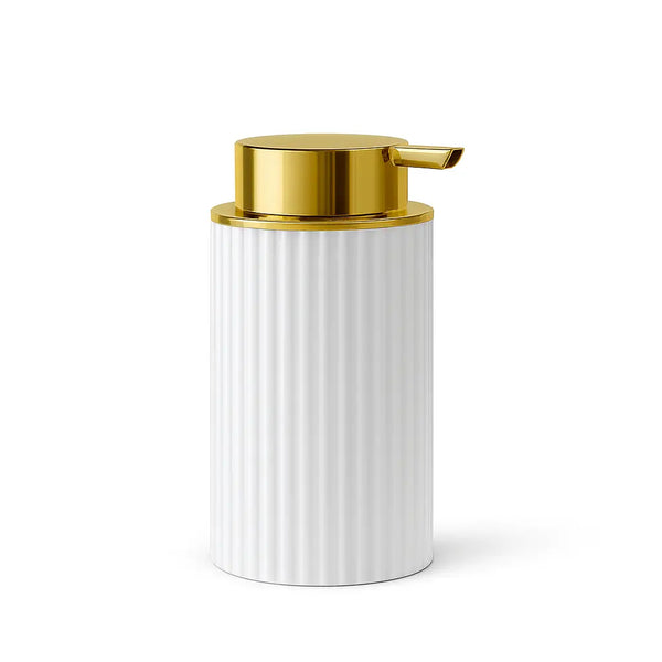 Dispenser manual de sabão branco com tampa cromada.