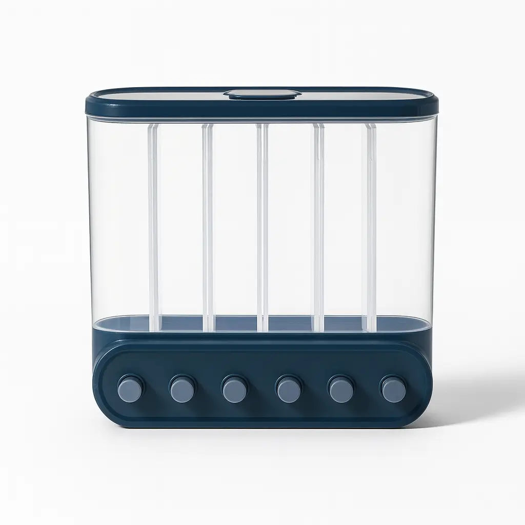 Distribuidor de Cereais com 6 Grades na cor azul, com sistema de pressão para acesso fácil aos alimentos sem desperdício.