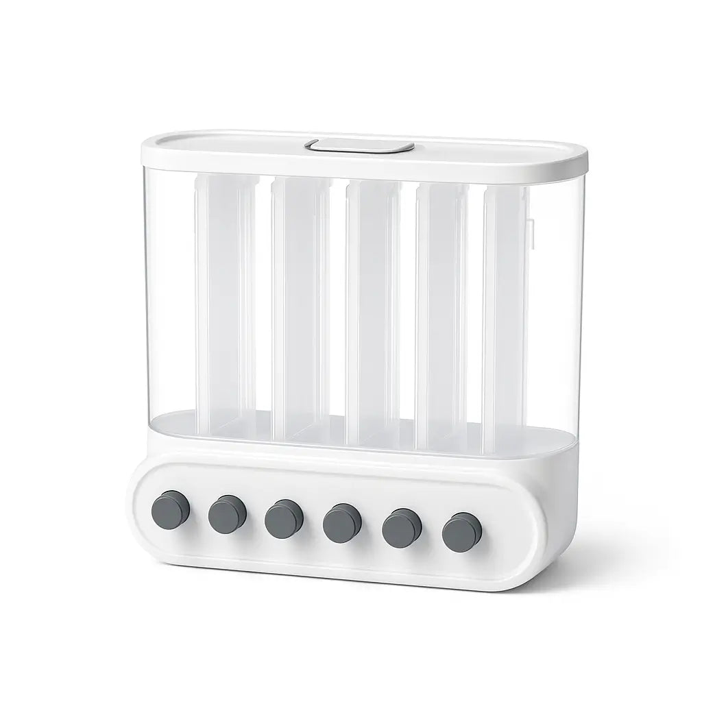 Distribuidor de Cereais com 6 Grades na cor branca, com tampa removível e material transparente para facilitar a visualização e o reabastecimento.