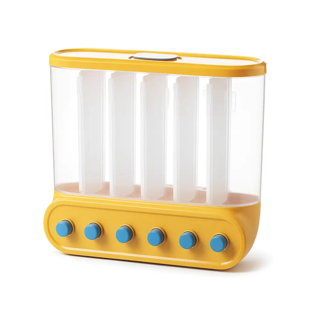 Distribuidor de Cereais com 6 Grades na cor amarela, ideal para armazenar grãos e cereais de maneira prática e organizada.
