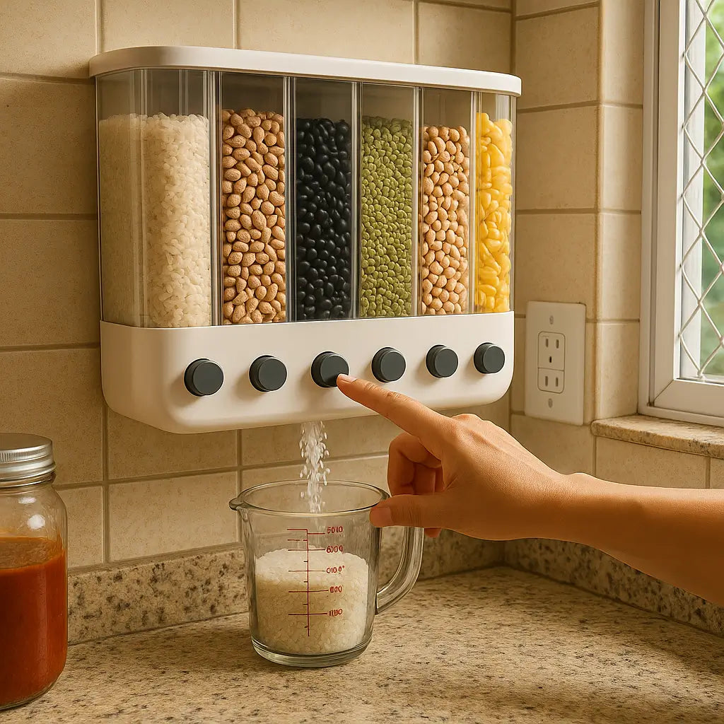 Distribuidor de Cereais com 6 Grades na cor branca, com tampa removível e material transparente para facilitar a visualização e o reabastecimento.