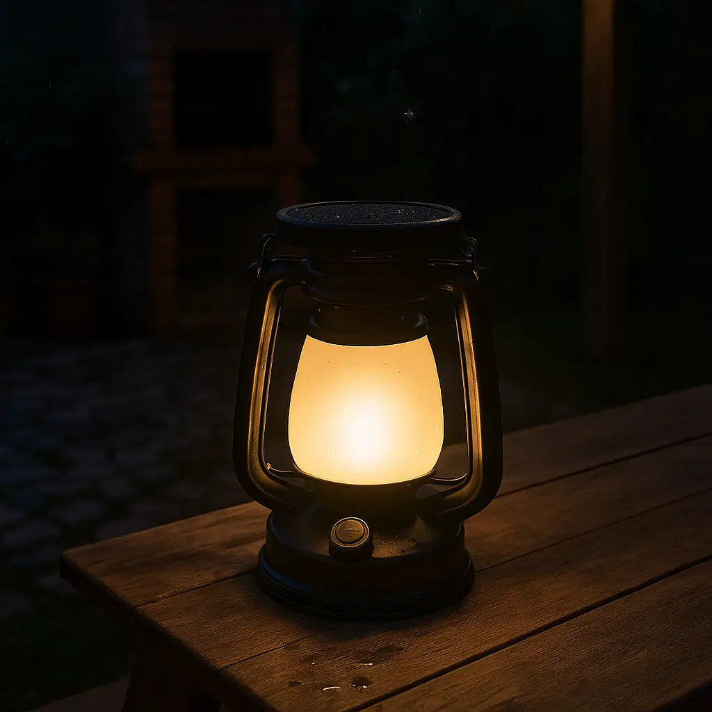Lanterna retrô portátil para camping com design clássico em preto e bronze, ideal para aventuras ao ar livre.