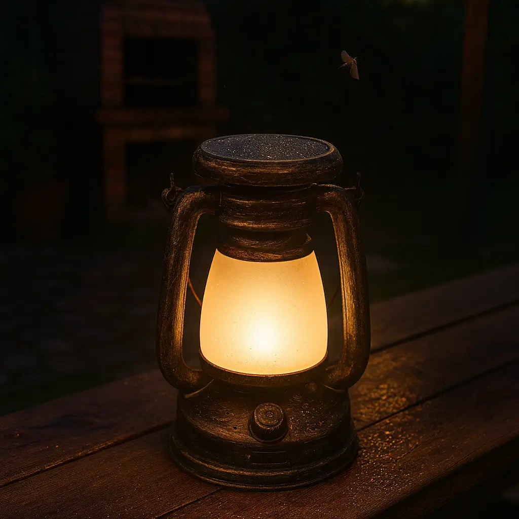 Lanterna portátil com três modos de iluminação: luz de vela, luz quente e luz branca, ajustáveis para diferentes necessidades.