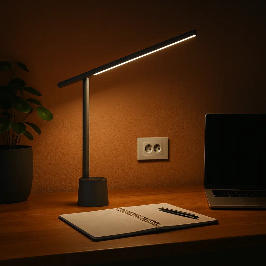 Luminária de Mesa Baseus LED em uso, exibindo seu design moderno, opções de temperatura de cor e controle contínuo de brilho para uma experiência de iluminação personalizada.