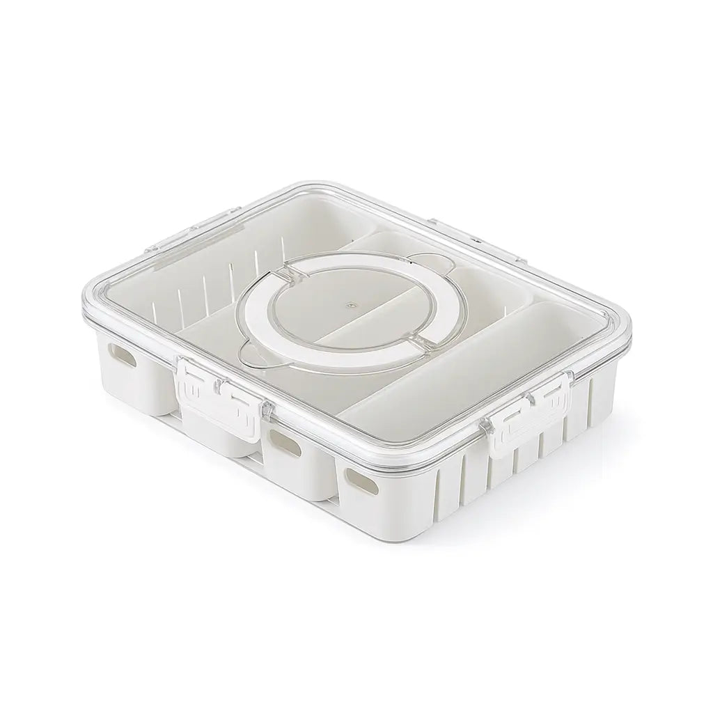 Caixa organizadora para geladeira com divisórias e alça circular — Branco translúcido — packshot 45°, fundo branco, sombra leve; material PP no corpo e tampa PET