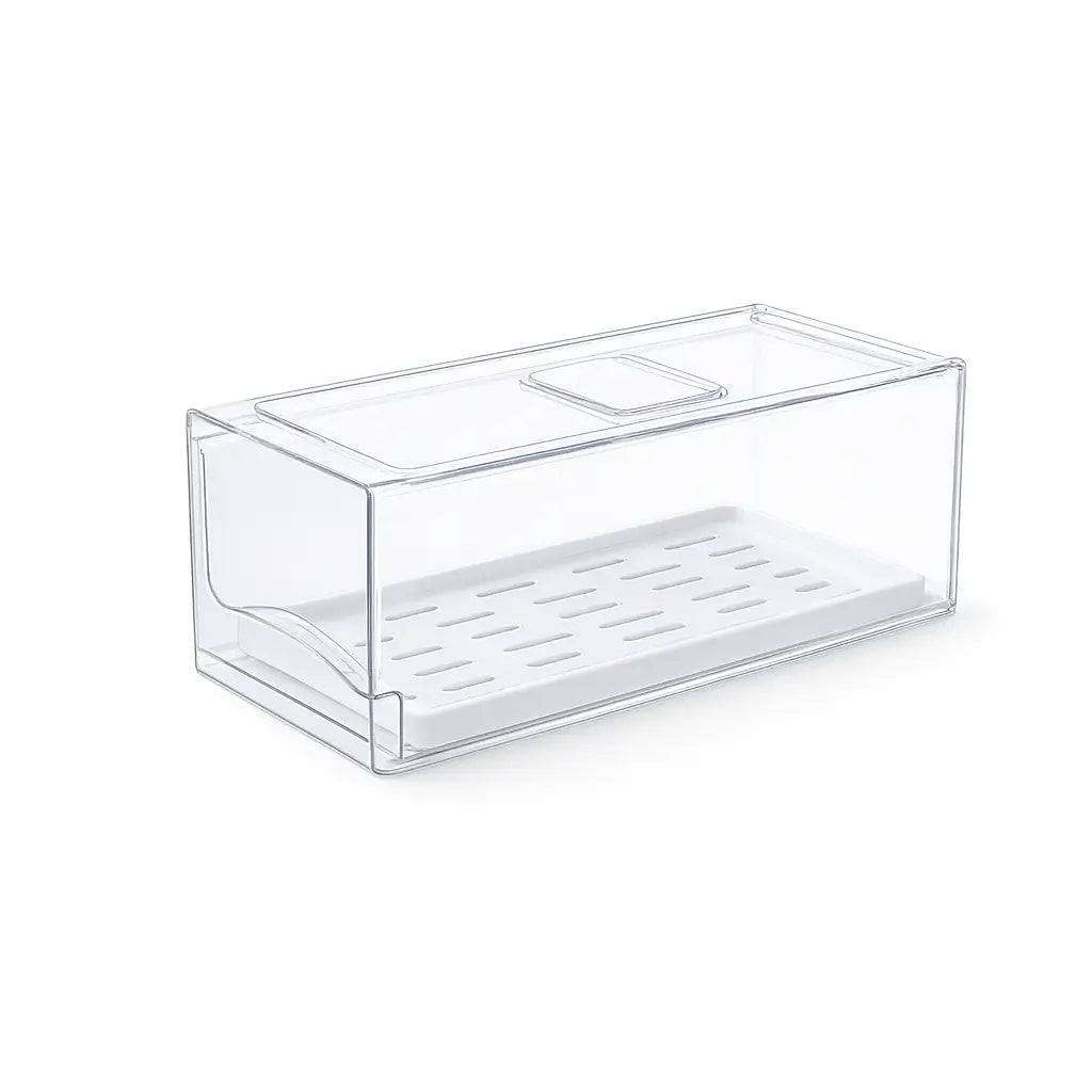 Caixa Organizadora Transparente para Geladeira, compacta e fácil de limpar, perfeita para manter a higiene e a ordem na sua cozinha.