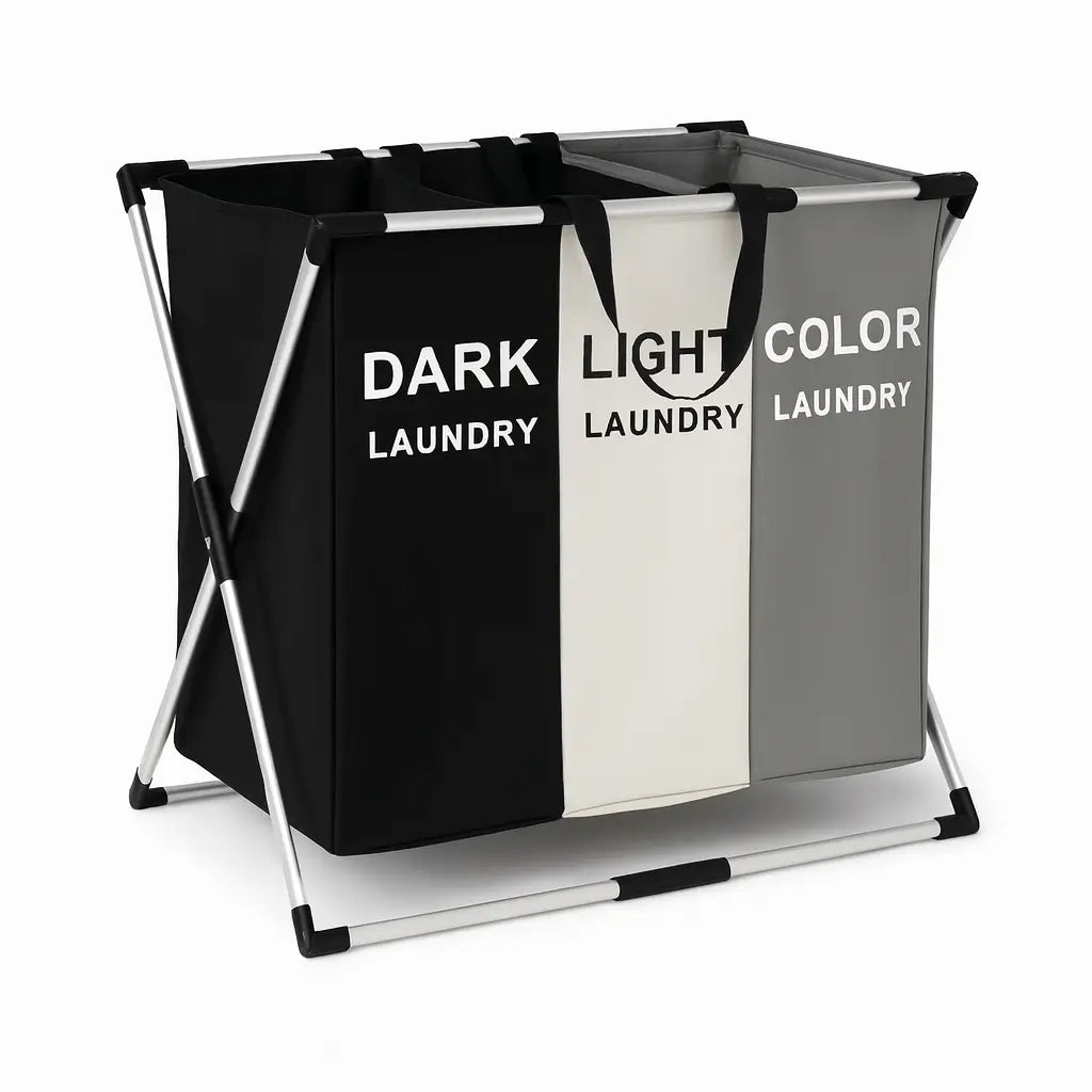 Cesto triplo dobrável de lavanderia com design moderno e funcional que otimiza o espaço