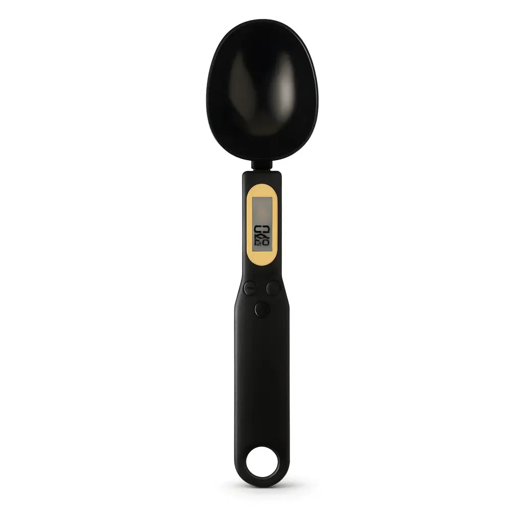 Colher de medida digital com design compacto, ideal para armazenamento fácil em gavetas.