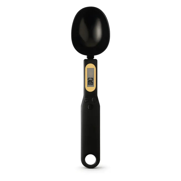 Colher de medida digital com design compacto, ideal para armazenamento fácil em gavetas.