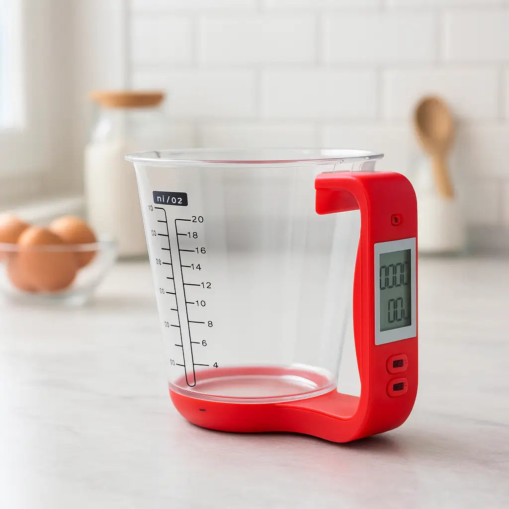 Copo de medição digital sendo usado para pesar e medir líquidos na cozinha.