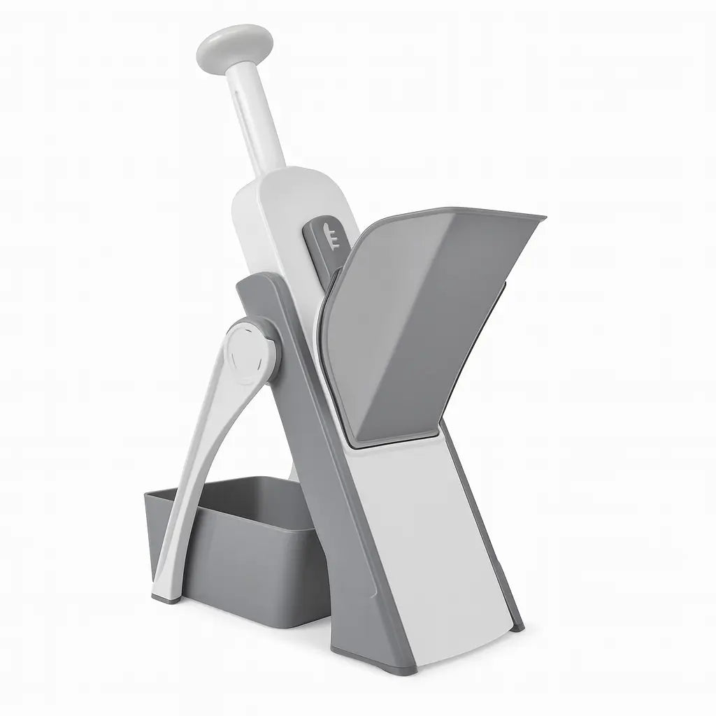 Cortador fatiador multifuncional 5 em 1 com design compacto e prático para armazenamento.
