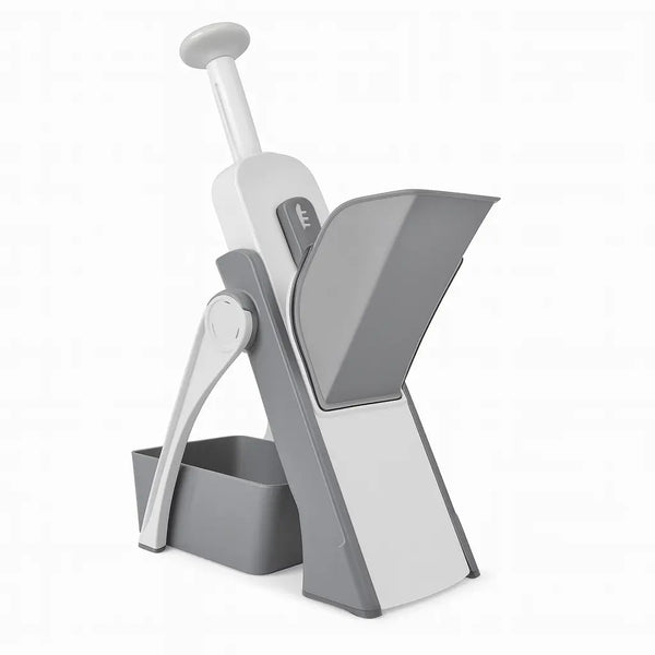 Cortador fatiador multifuncional 5 em 1 com design compacto e prático para armazenamento.