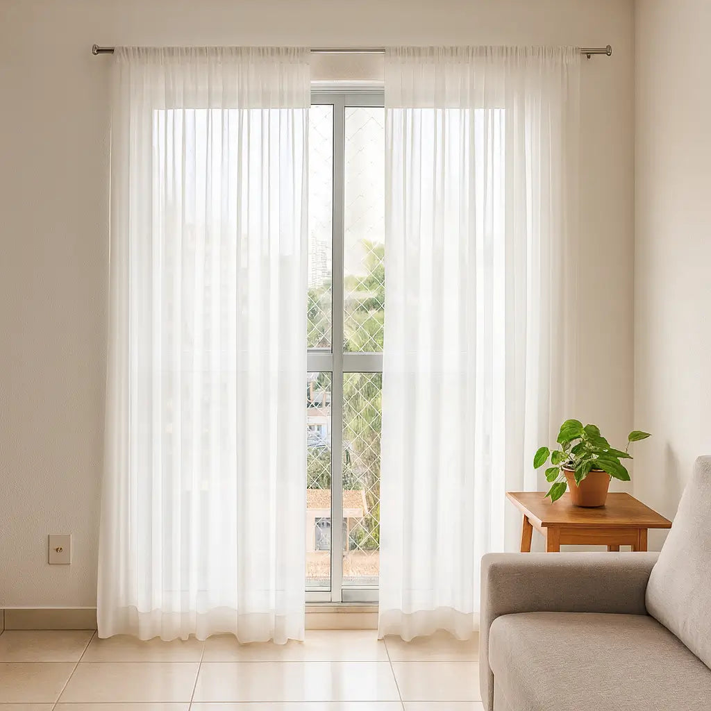 Cortina de tule voile em um quarto, adicionando sofisticação ao espaço.
