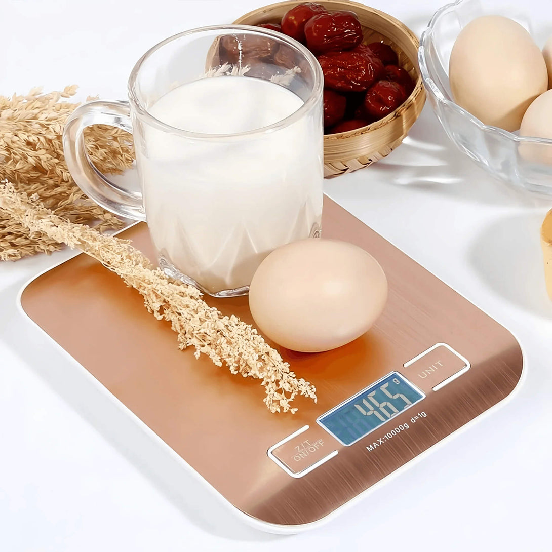 Balança digital de cozinha com design moderno e elegante, perfeita para qualquer ambiente.