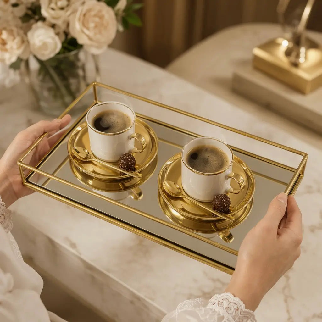 Bandeja decorativa com superfície espelhada em composição sofisticada para lavabo, aparador ou mesa de apoio.