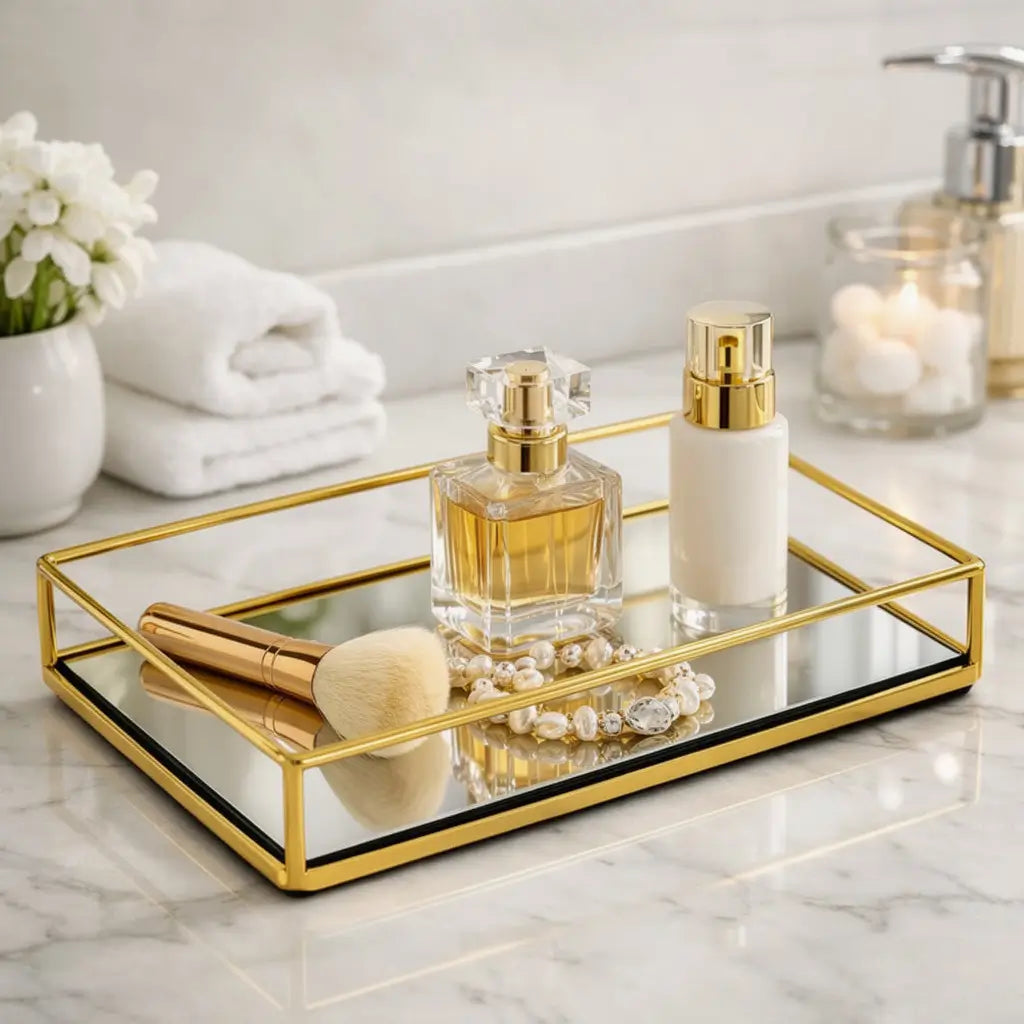 Bandeja espelhada multiuso usada na decoração para apoiar velas, perfumes e acessórios com visual refinado.