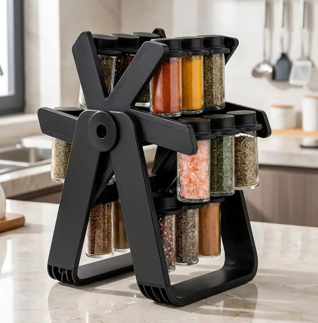 Detalhe da base giratória 360 graus do porta temperos, permitindo acesso rápido a qualquer pote com um giro