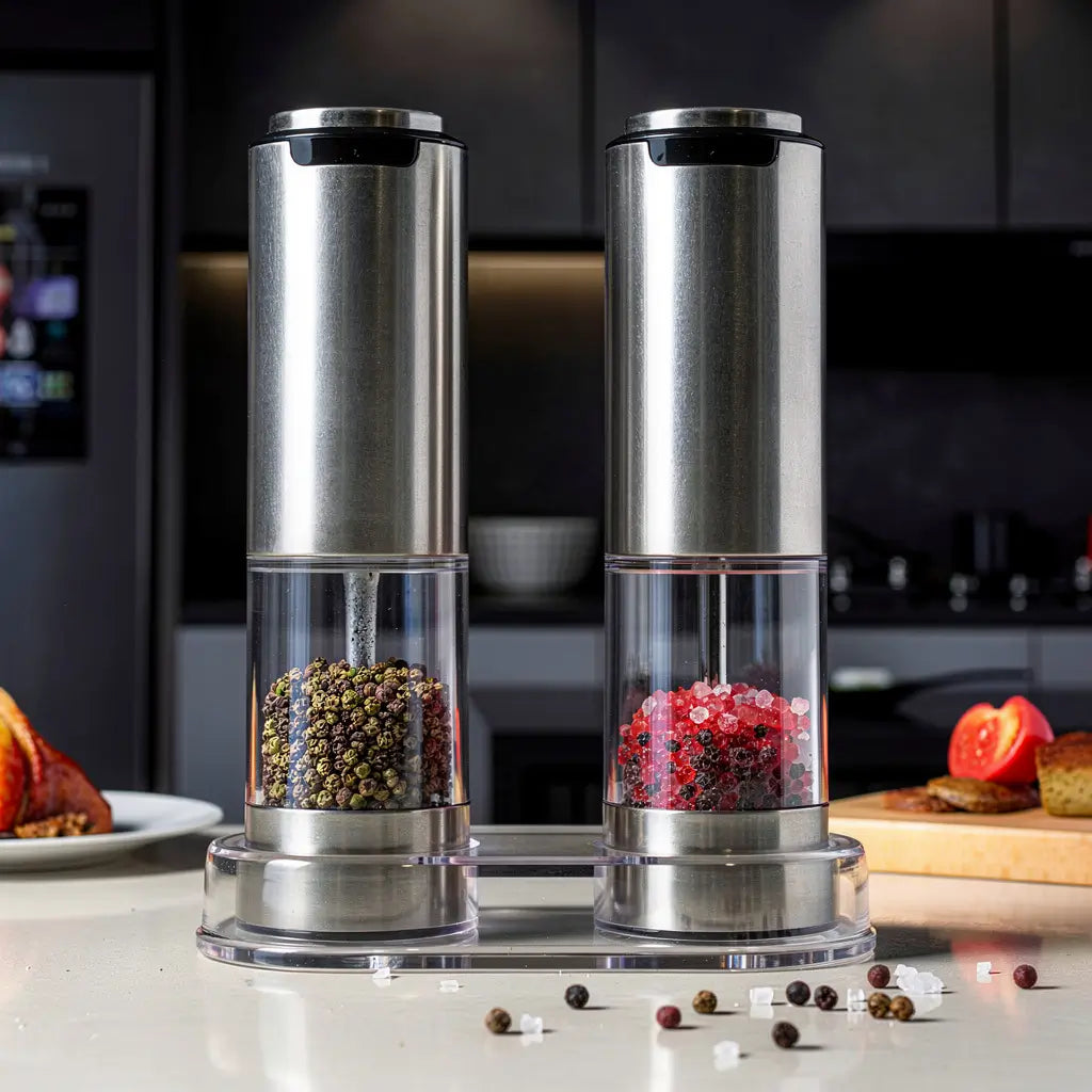 Base multifuncional com proteção contra poeira acomodando dois moedores de pimenta elétricos em aço inoxidável