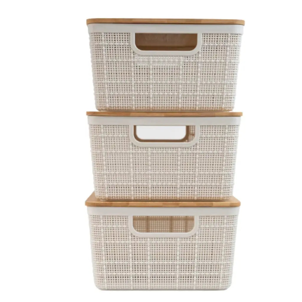 Kit 3 Caixas Organizadoras 4L Brancas com Tampa de Bambu — 24x19x10,5cm