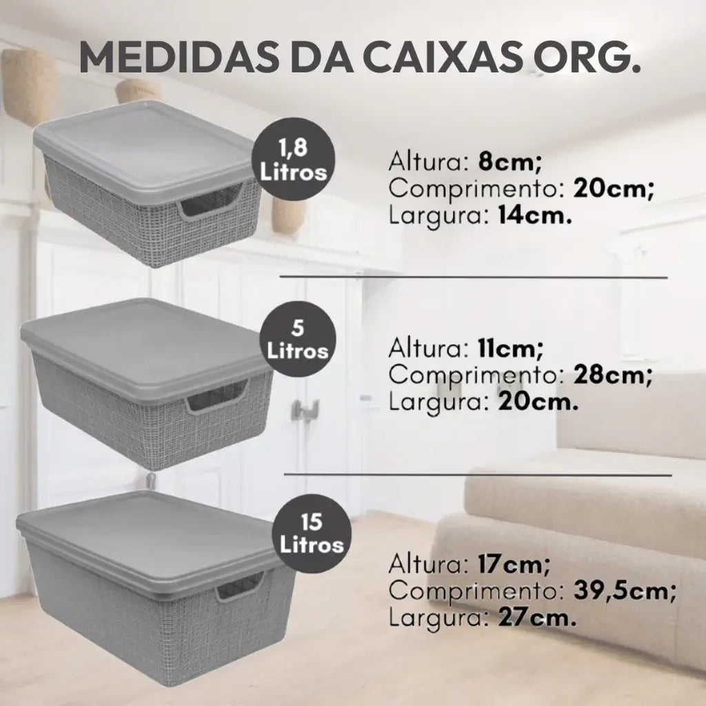 Kit 4 Caixas Organizadoras com Tampa Empilháveis Design Juta — 1,8L, 5L e 15L