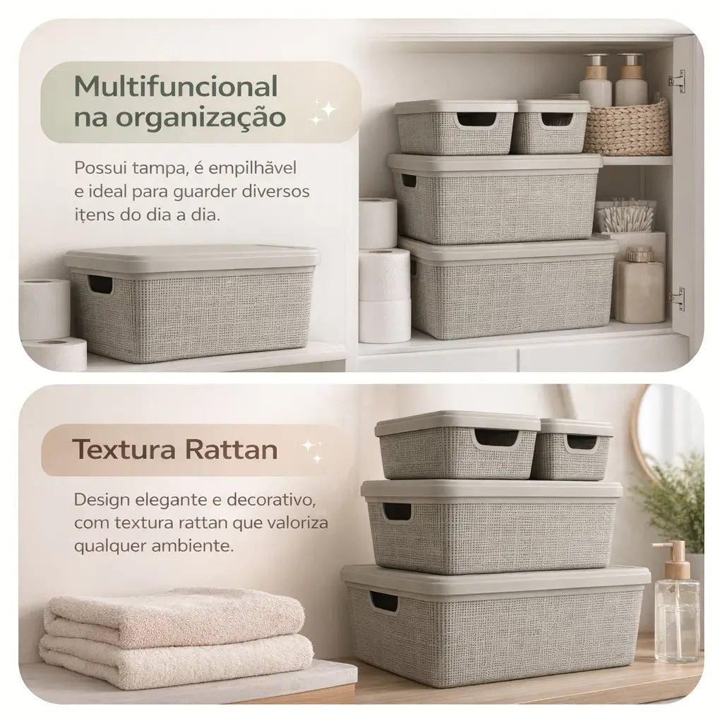 Kit 4 Caixas Organizadoras com Tampa Empilháveis Design Juta — 1,8L, 5L e 15L