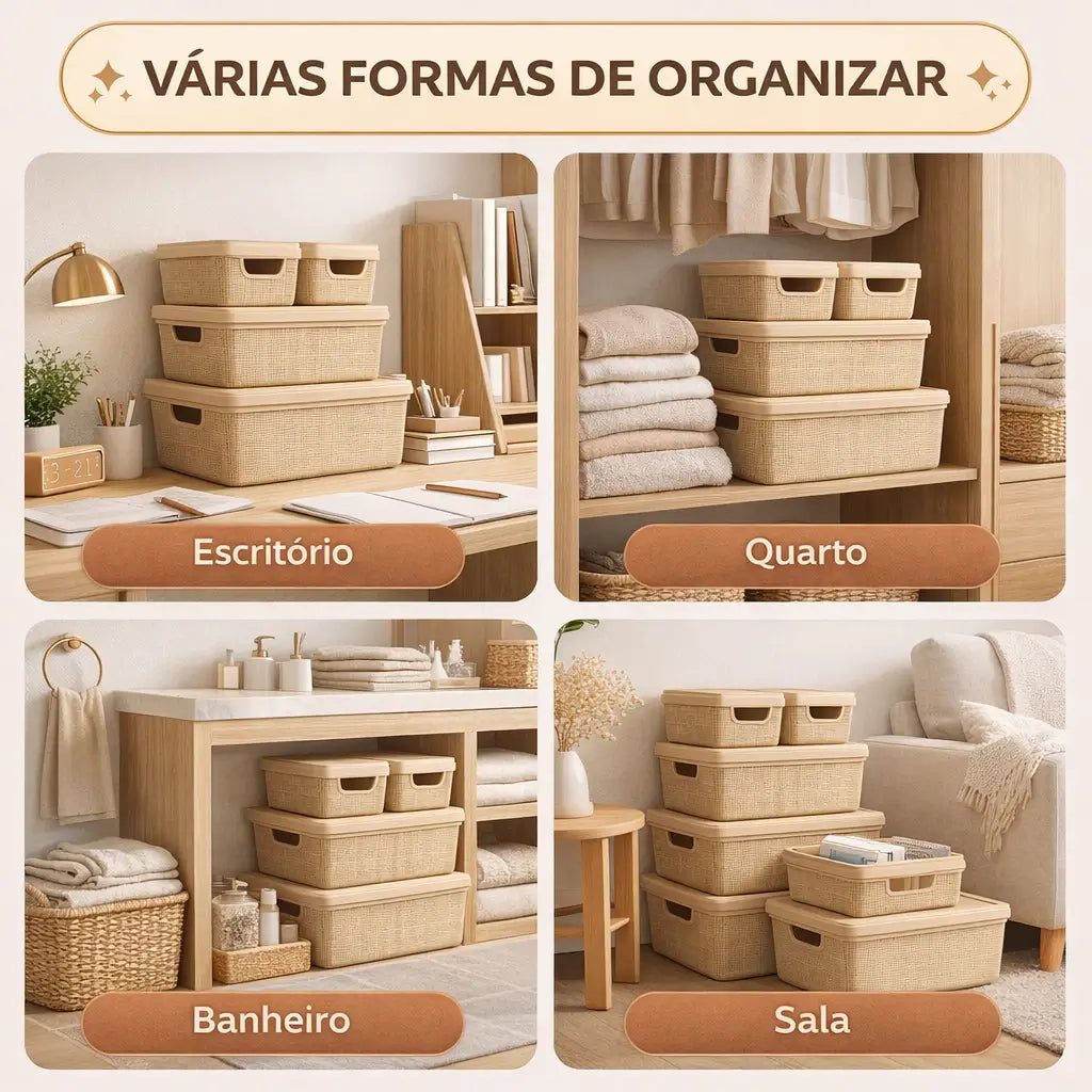 Kit 4 Caixas Organizadoras com Tampa Empilháveis Design Juta — 1,8L, 5L e 15L
