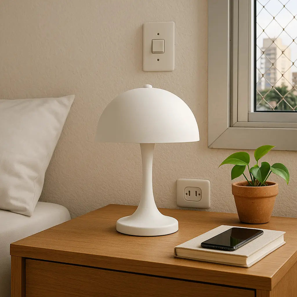 Decoração de cabeceira em formato de cogumelo com luz noturna recarregável, projetada para criar um ambiente acolhedor e relaxante no quarto.