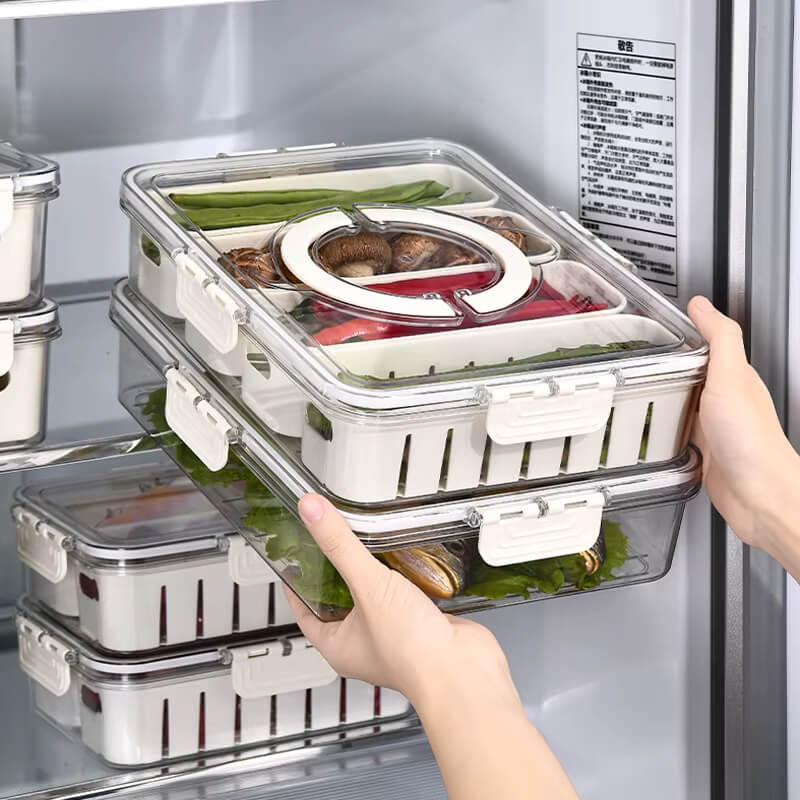 Caixa de Armazenamento Empilhável para Geladeira com cesta removível para drenagem, mantendo os alimentos frescos por mais tempo.