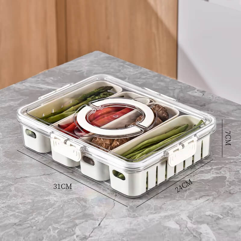 Caixa de Armazenamento Empilhável com separação interna para evitar contaminações cruzadas, ideal para armazenar frutas, legumes e carnes.