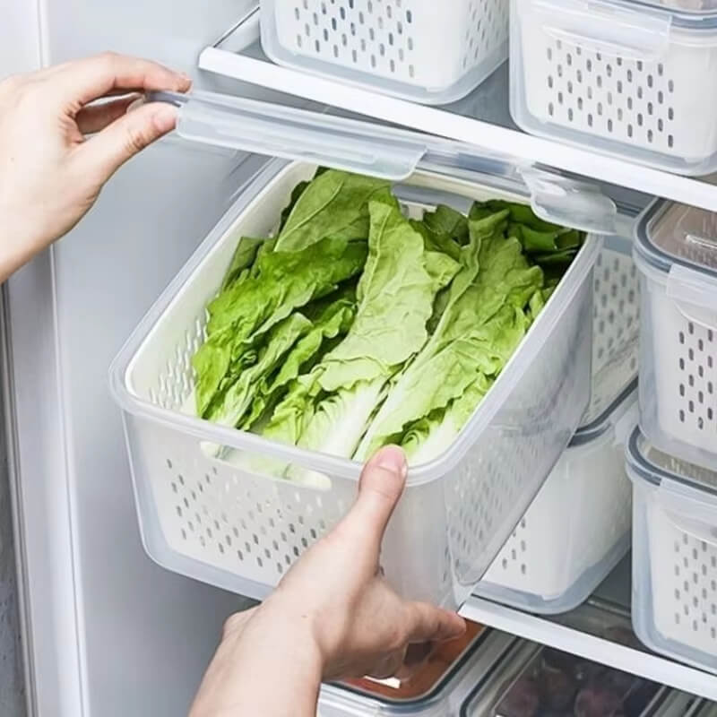 Caixa de Preservação Dupla Camada feita de plástico de qualidade alimentar, ideal para armazenar frutas e legumes.