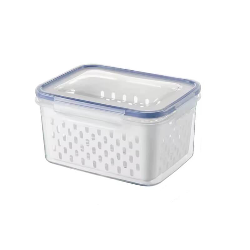 Caixa de Preservação Dupla Camada com dimensões compactas (18 x 13 x 10 cm), perfeita para economizar espaço na geladeira.