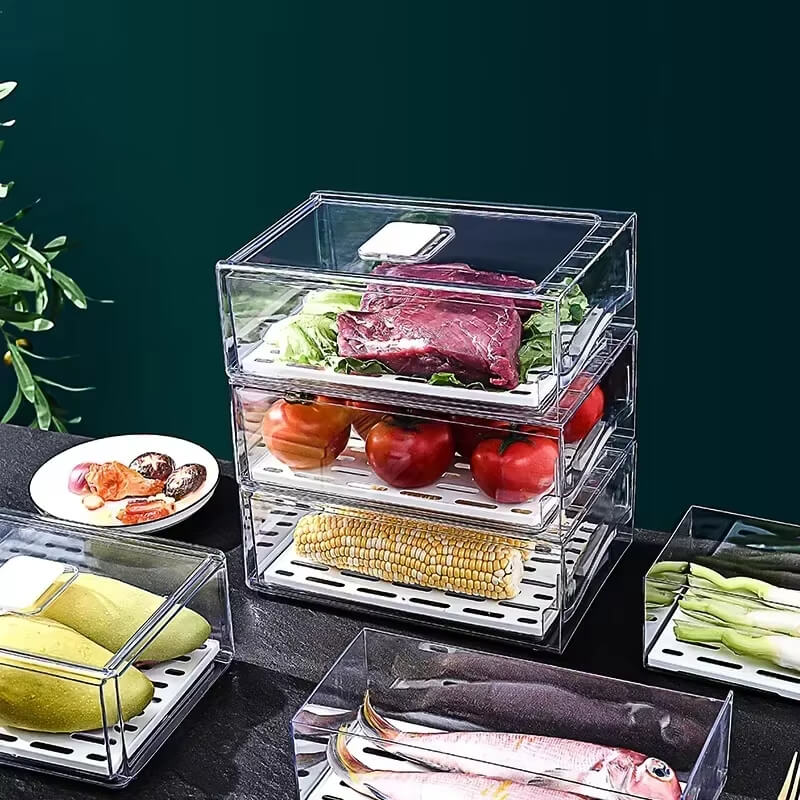 Caixa Organizadora Transparente para Geladeira 30x14x11 cm, feita de material PET durável e ideal para manter alimentos organizados e visíveis.