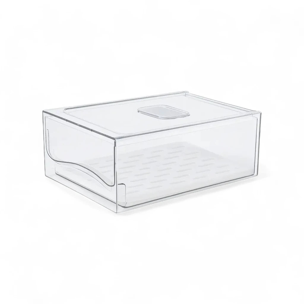 Caixa Organizadora Transparente para Geladeira, ideal para armazenar laticínios e outros itens, garantindo fácil visualização e acesso.