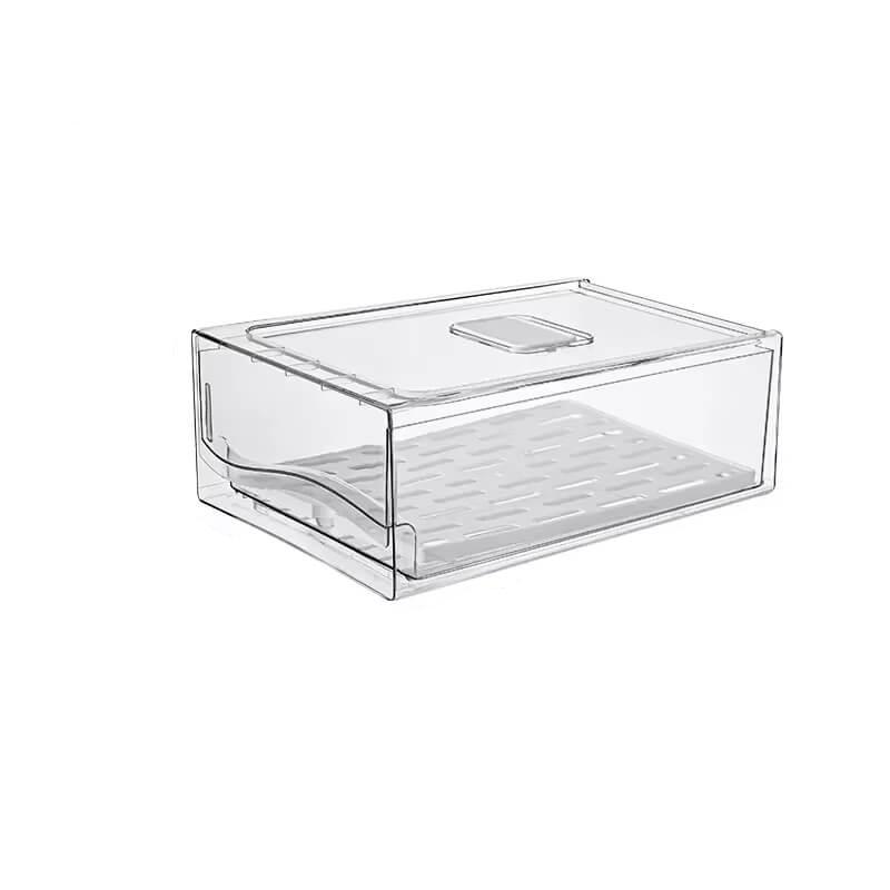 Caixa Organizadora Transparente para Geladeira, ideal para armazenar laticínios e outros itens, garantindo fácil visualização e acesso.