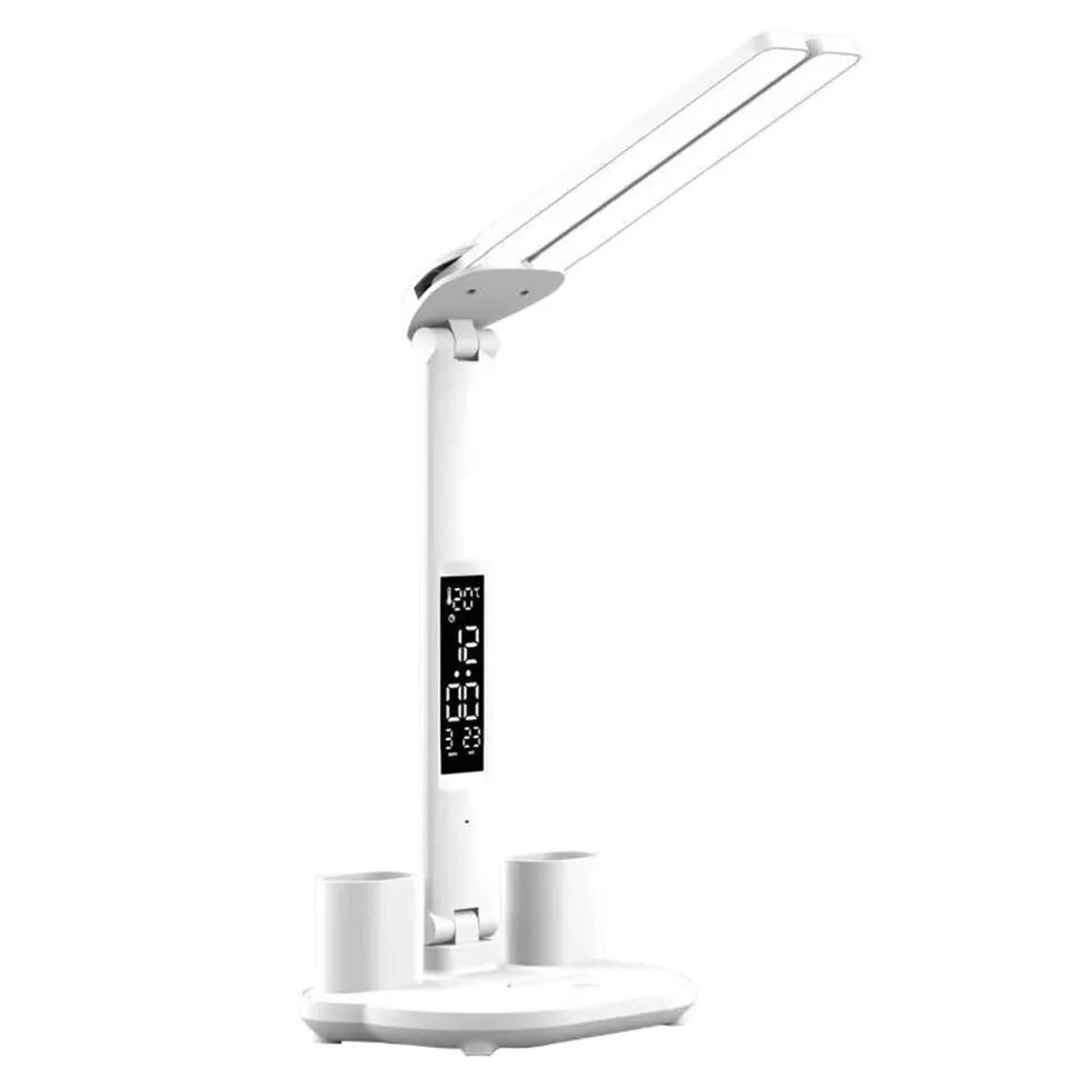 Close do candeeiro de mesa LED com relógio integrado, evidenciando o controle por toque para ajuste contínuo do brilho e as opções de temperatura de cor para ambientes personalizados.