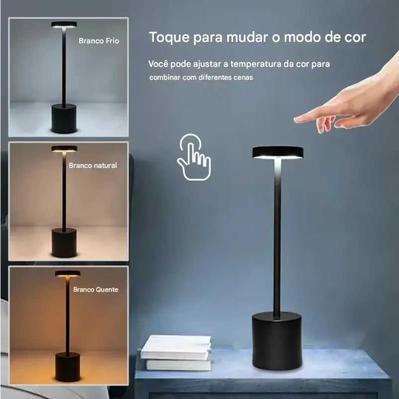 Candeeiro de Mesa LED em uso em um ambiente de trabalho, proporcionando conforto visual e eficiência na iluminação.
