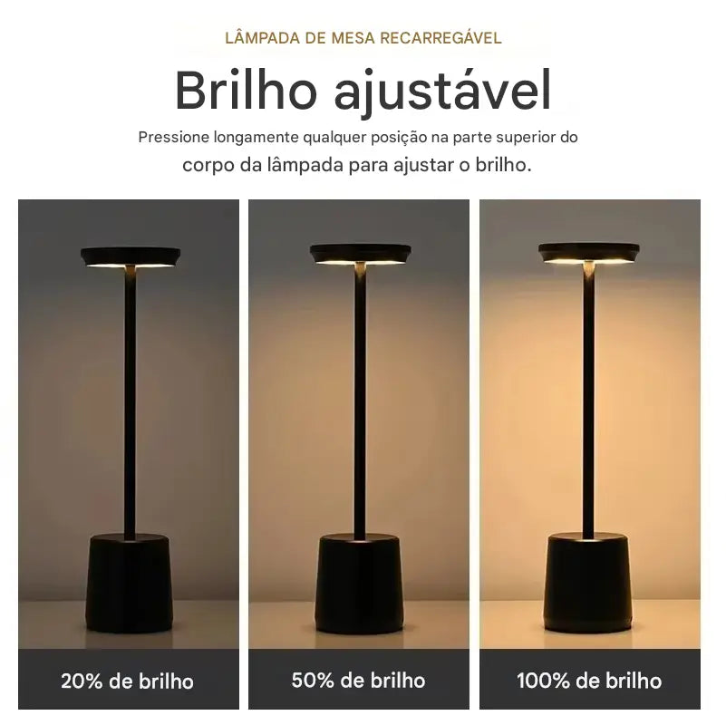 Candeeiro de Mesa LED sem fio e recarregável via USB Tipo C, oferecendo mobilidade e praticidade para qualquer espaço.