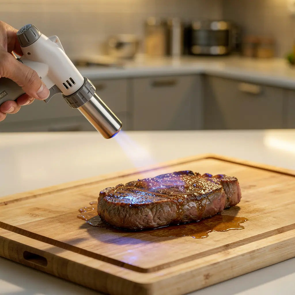 Detalhe da chama do maçarico culinário profissional com regulagem manual de intensidade até 1300 graus